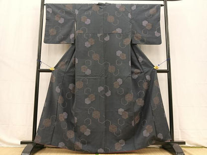平和屋着物■上質な紬 亀甲麻の葉文様 正絹 逸品 BAAW8508yc