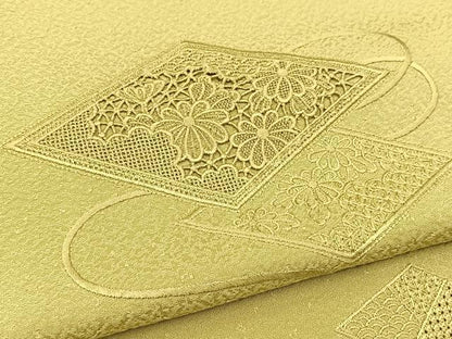 平和屋着物■中国三大刺繍　スワトウ刺繍　汕頭刺繍　総刺繍　無地絵訪問着　菱重ね花文　黄海松茶色　正絹　逸品　BAAW8514yc