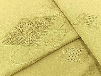 平和屋着物■中国三大刺繍　スワトウ刺繍　汕頭刺繍　総刺繍　無地絵訪問着　菱重ね花文　黄海松茶色　正絹　逸品　BAAW8514yc