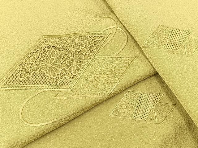 平和屋着物■中国三大刺繍　スワトウ刺繍　汕頭刺繍　総刺繍　無地絵訪問着　菱重ね花文　黄海松茶色　正絹　逸品　BAAW8514yc