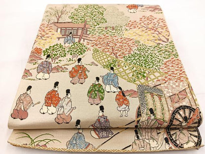 平和屋着物◎六通柄袋帯　唐織　平安人物風景文　金糸　正絹　逸品　BAAW8522yc