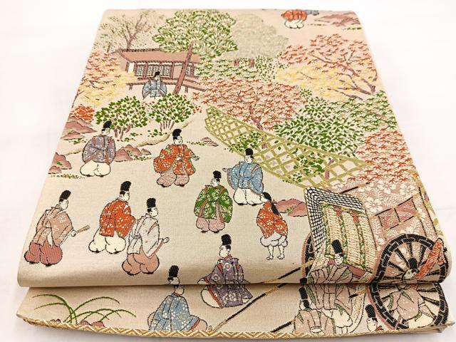 平和屋着物◎六通柄袋帯　唐織　平安人物風景文　金糸　正絹　逸品　BAAW8522yc