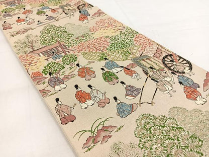 平和屋着物◎六通柄袋帯　唐織　平安人物風景文　金糸　正絹　逸品　BAAW8522yc