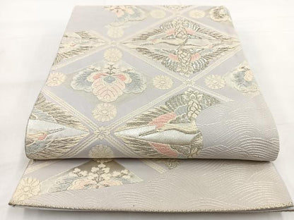 平和屋着物◎六通柄袋帯　唐織　双鶴菱天井花文　銀糸　正絹　逸品　BAAW8523yc