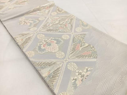 平和屋着物◎六通柄袋帯　唐織　双鶴菱天井花文　銀糸　正絹　逸品　BAAW8523yc