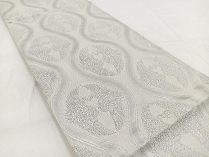 平和屋着物◎六通柄袋帯　双鶴立涌文　銀糸　正絹　逸品　BAAW8527yc