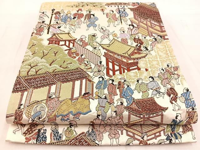 平和屋着物◎六通柄袋帯　唐織　平安人物風景文　金糸　正絹　逸品　BAAW8534yc