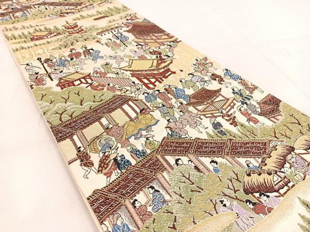 平和屋着物◎六通柄袋帯　唐織　平安人物風景文　金糸　正絹　逸品　BAAW8534yc