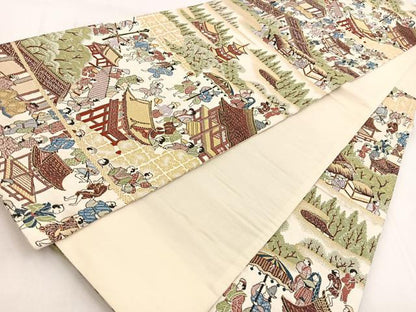 平和屋着物◎六通柄袋帯　唐織　平安人物風景文　金糸　正絹　逸品　BAAW8534yc