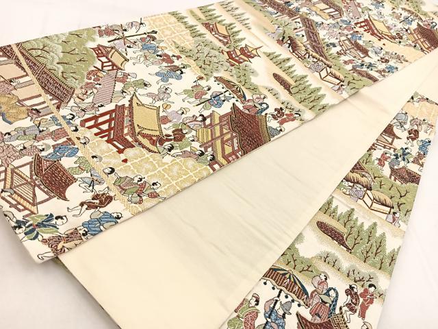 平和屋着物◎六通柄袋帯　唐織　平安人物風景文　金糸　正絹　逸品　BAAW8534yc
