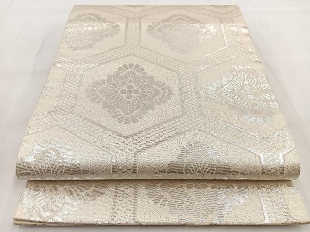 平和屋着物◎六通柄袋帯　亀甲花文　銀糸　正絹　逸品　BAAW8535yc