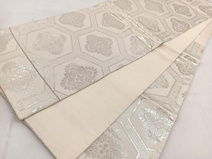 平和屋着物◎六通柄袋帯　亀甲花文　銀糸　正絹　逸品　BAAW8535yc