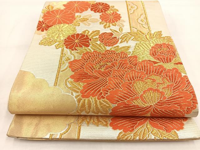 平和屋着物◎六通柄袋帯　唐織　やまとオリジナル　雲重ね花丸文　金銀糸　正絹　逸品　BAAW8538yc