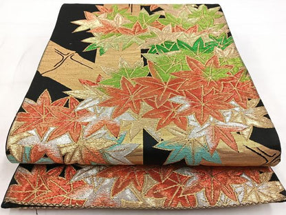 平和屋着物◎六通柄袋帯　楓竹文　黒地　金銀糸　正絹　逸品　BAAW8540yc