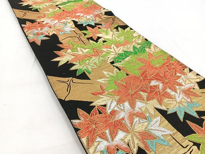 平和屋着物◎六通柄袋帯　楓竹文　黒地　金銀糸　正絹　逸品　BAAW8540yc