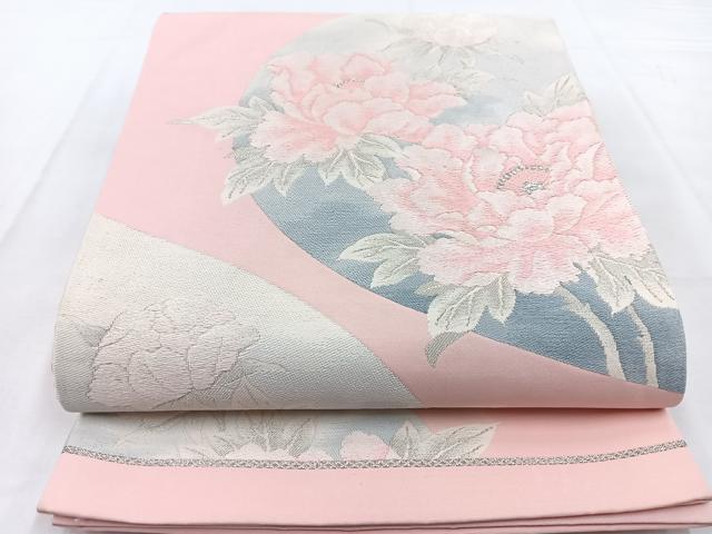 平和屋着物◎六通柄袋帯　唐織　牡丹　銀糸　正絹　逸品　BAAW8547yc