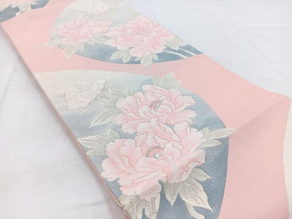 平和屋着物◎六通柄袋帯　唐織　牡丹　銀糸　正絹　逸品　BAAW8547yc