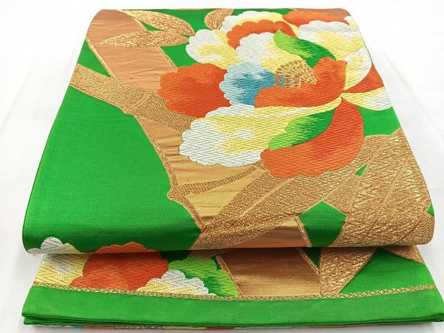 平和屋着物◎六通柄袋帯　唐織　牡丹笹竹文　金糸　正絹　逸品　未使用　BAAW8550yc