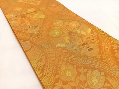 平和屋着物◎六通柄袋帯　向かい鳳凰更紗花文　金糸　引箔　正絹　逸品　BAAW8555yc