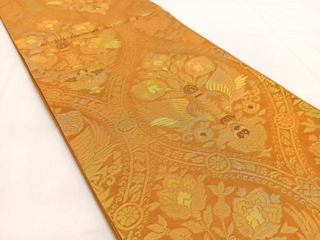 平和屋着物◎六通柄袋帯　向かい鳳凰更紗花文　金糸　引箔　正絹　逸品　BAAW8555yc