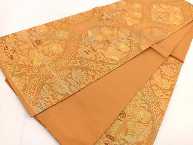 平和屋着物◎六通柄袋帯　向かい鳳凰更紗花文　金糸　引箔　正絹　逸品　BAAW8555yc