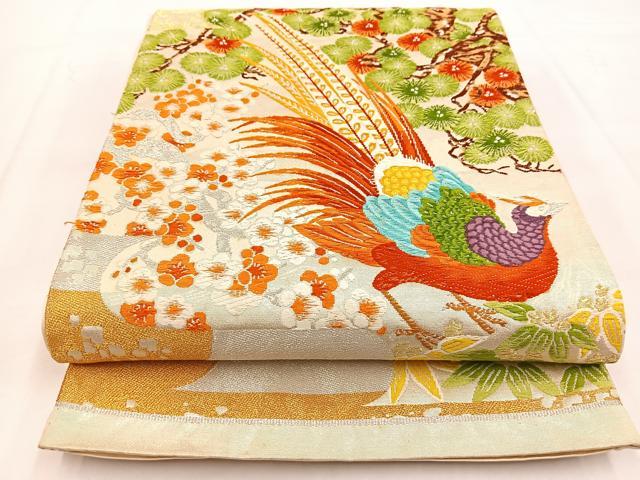 平和屋着物◎六通柄袋帯　唐織　尾長鳥　松竹梅　金銀糸　正絹　逸品　BAAW8561yc