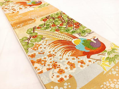 平和屋着物◎六通柄袋帯　唐織　尾長鳥　松竹梅　金銀糸　正絹　逸品　BAAW8561yc