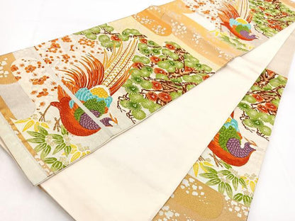 平和屋着物◎六通柄袋帯　唐織　尾長鳥　松竹梅　金銀糸　正絹　逸品　BAAW8561yc