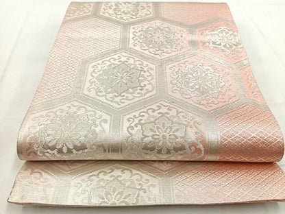 平和屋着物◎両面　全通柄袋帯　亀甲花文　銀糸　正絹　逸品　BAAW8568yc