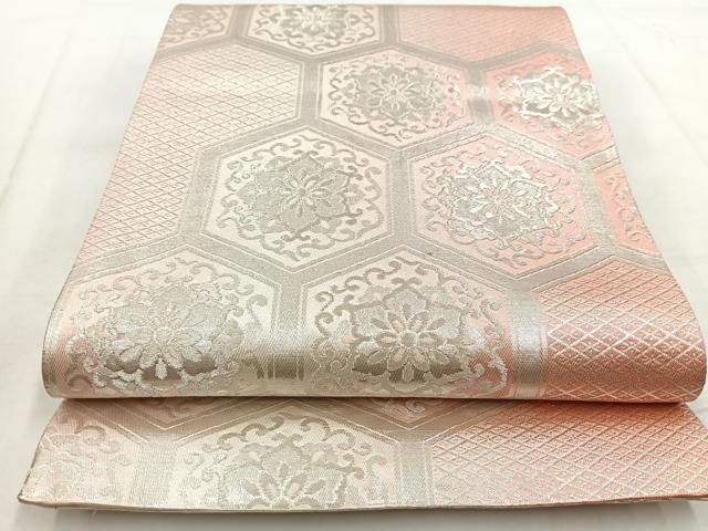 平和屋着物◎両面　全通柄袋帯　亀甲花文　銀糸　正絹　逸品　BAAW8568yc