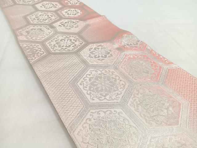 平和屋着物◎両面　全通柄袋帯　亀甲花文　銀糸　正絹　逸品　BAAW8568yc