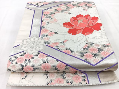 平和屋着物◎六通柄袋帯　唐織　彩華　亀甲牡丹文　銀糸　正絹　逸品　BAAW8571yc