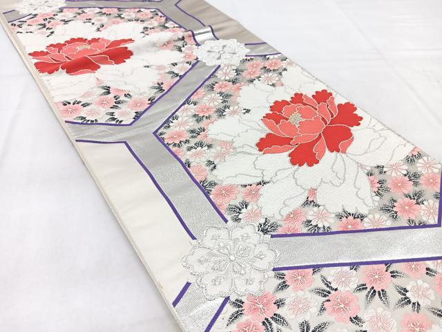 平和屋着物◎六通柄袋帯　唐織　彩華　亀甲牡丹文　銀糸　正絹　逸品　BAAW8571yc