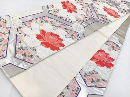 平和屋着物◎六通柄袋帯　唐織　彩華　亀甲牡丹文　銀糸　正絹　逸品　BAAW8571yc