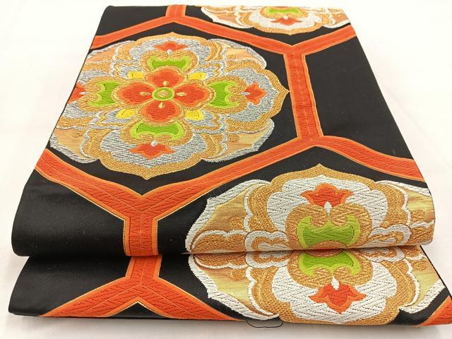 平和屋着物◎六通柄袋帯　唐織　亀甲正倉院花文　黒地　金銀糸　正絹　逸品　BAAW8585yc