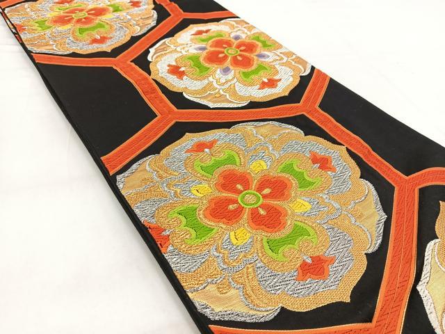 平和屋着物◎六通柄袋帯　唐織　亀甲正倉院花文　黒地　金銀糸　正絹　逸品　BAAW8585yc