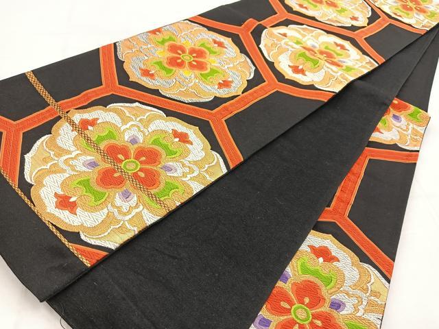 平和屋着物◎六通柄袋帯　唐織　亀甲正倉院花文　黒地　金銀糸　正絹　逸品　BAAW8585yc