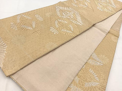 平和屋着物◎六通柄袋帯　双鶴菊文　金銀糸　正絹　逸品　BAAW8586yc