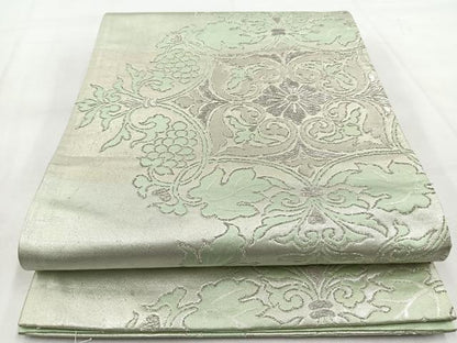 平和屋着物◎六通柄袋帯　葡萄更紗花文　銀糸　正絹　逸品　BAAW8587yc