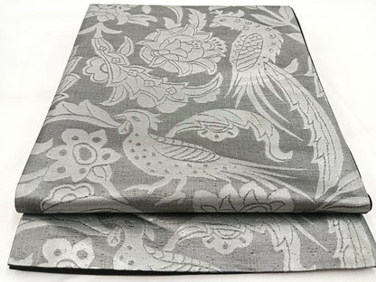 平和屋着物◎六通柄袋帯　更紗花鳥文　銀糸　正絹　逸品　BAAW8588yc