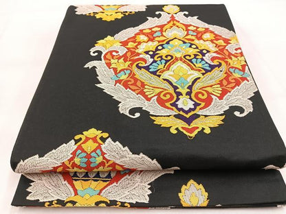 平和屋着物◎六通柄袋帯　唐織　更紗花文　黒地　正絹　逸品　BAAW8590yc