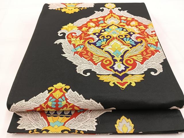 平和屋着物◎六通柄袋帯　唐織　更紗花文　黒地　正絹　逸品　BAAW8590yc