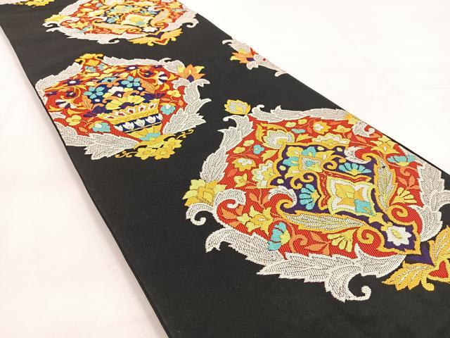 平和屋着物◎六通柄袋帯　唐織　更紗花文　黒地　正絹　逸品　BAAW8590yc