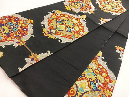 平和屋着物◎六通柄袋帯　唐織　更紗花文　黒地　正絹　逸品　BAAW8590yc