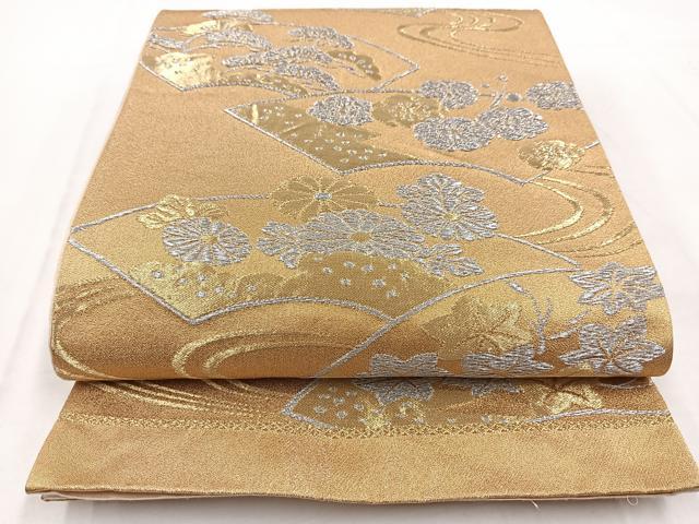 平和屋着物◎六通柄袋帯　流水地紙花文　金銀糸　正絹　逸品　BAAW8602yc