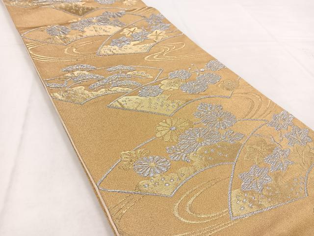 平和屋着物◎六通柄袋帯　流水地紙花文　金銀糸　正絹　逸品　BAAW8602yc