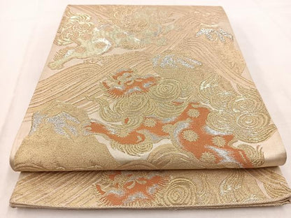平和屋着物◎六通柄袋帯　立波唐獅子文　金銀糸　正絹　逸品　BAAW8604yc