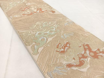 平和屋着物◎六通柄袋帯　立波唐獅子文　金銀糸　正絹　逸品　BAAW8604yc