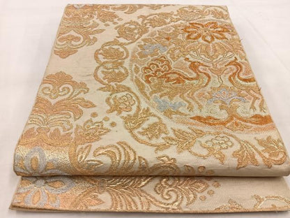 平和屋着物◎六通柄　本袋帯　向かい孔雀更紗花文　金銀糸　正絹　逸品　BAAW8607yc
