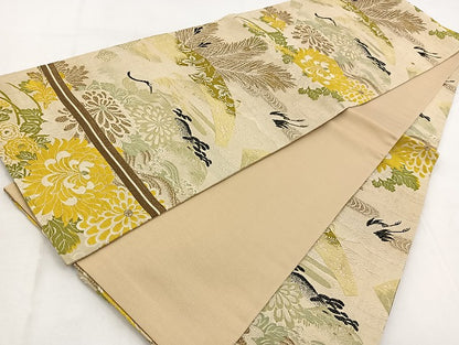 平和屋着物◎全通柄　京袋帯　唐織　飛鶴地紙花文　銀糸　正絹　逸品　BAAW8619yc